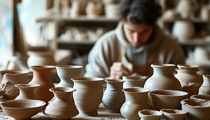 A person is focused on making ceramics, and the desktop is filled with various ceramic works with blurred backgrounds, showing an atmosphere of artistic creation.