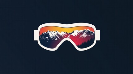 Poster - Ski goggles feature a vibrant reflection of majestic, snow-covered mountains under a colorful sunrise in a winter setting. Generative AI