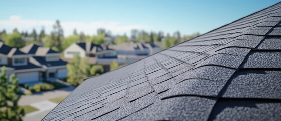 Close-up of a roof with a city skyline in the background