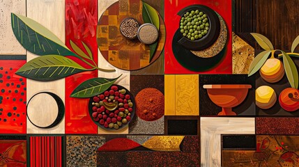 Geometric precision and industrial elements highlight spices and herbs in this Constructivist background