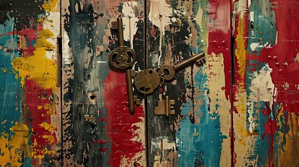 Wall Mural - Dynamic brushstrokes convey raw emotion in this abstract wallpaper with antique keys