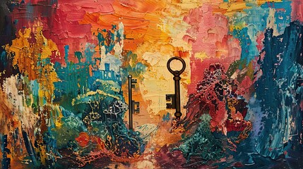 Canvas Print - Post-Impressionist backdrop with antique keys amid vibrant colors and textured brushstrokes