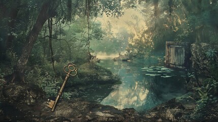 Wall Mural - Misty woodland scene with antique keys evokes nostalgia in this Romantic wallpaper background