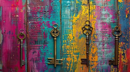 Wall Mural - Fauvist backdrop with bold vivid keys on patterned wood using non-natural colors