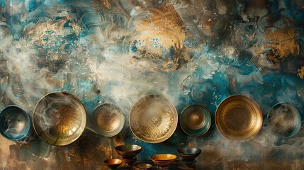 Ceramics arranged in symbolic mystical composition in Symbolist wallpaper background