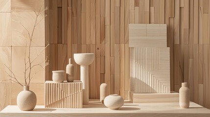 Sticker - Ceramic ware arranged precisely on minimalist wood backdrop in Bauhaus-inspired wallpaper