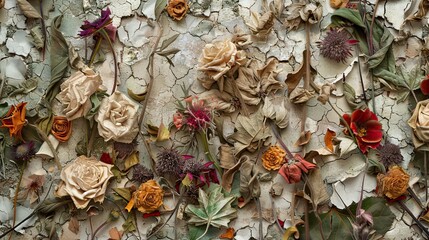 Canvas Print - Dried flowers arranged chaotically on fragmented surface in this Dadaism-inspired wallpaper