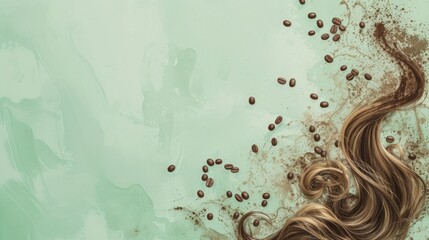 Aufkleber - Artistic depiction of coffee beans and flowing hair swirls set against a textured pale green background. The intricate details and natural colors make this image a perfect blend of creativity and