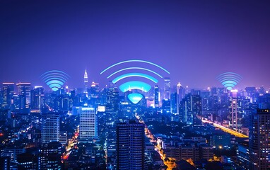 Wi fi network signal over cityscape at night, internet connection concept