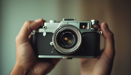 Hold a retro camera in your hand, the flash is turned off, and the background is simple and clean.