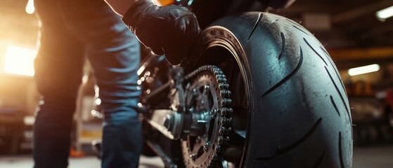 Title: Close-up of a motorcycle mechanic checking a tire