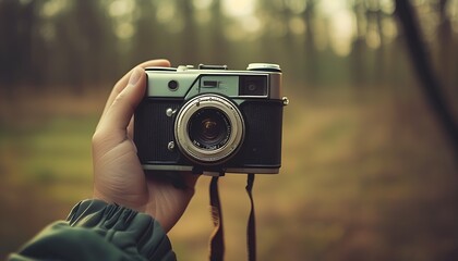 Wall Mural - A retro camera is held in hand with a blurred background, showing a good atmosphere for taking pictures and immersing yourself in the tranquility of nature.