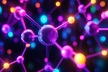 Poster - Colorful abstract representation of molecular structures with glowing atoms on a dark background. Generative AI