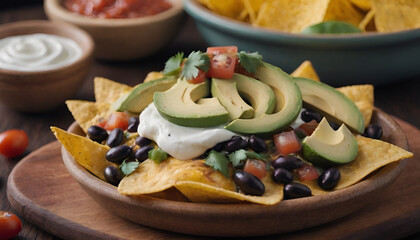 Wall Mural - loaded nachos with black beans, cheese, avocado, sour cream and salsa