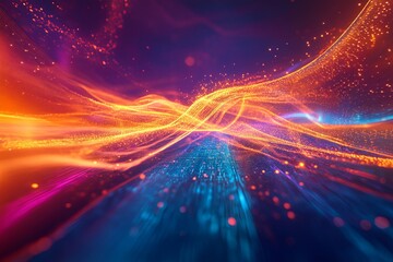 Fototapete - Vibrant abstract digital waves glowing in deep hues of blue, orange, and purple with a sense of motion and energy. Generative AI