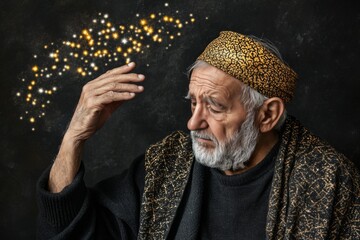 Poster - Cognitive neural system Cognitive machinery Elderly man with abstract particles over his head representing the scattered thoughts memories and the passage of time in a contemplative atmosphere