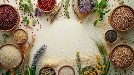 Wall Mural - Assortment of Grains and Seeds in Wooden Bowls