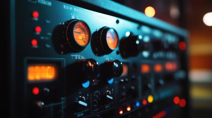 Fototapete - A detailed image of a rack-mounted compressor and equalizer with glowing meters and dials, set against a dark studio backdrop, audio processing, dynamic range compression, studio gear, sound 
