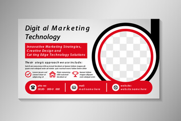 Poster - digital marketing technology banner. Corporate Business Agency Social Media Cover Template Design. circle space for photo. grey gradeint background with red and black on elements.