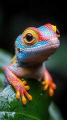 Wall Mural - A vibrant, colorful gecko perched on a green leaf, with its bright orange claws and large eyes looking directly at the viewer.