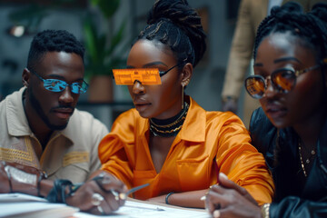 Two women wearing VR sunglasses and one man