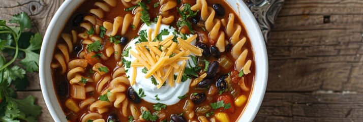 Wall Mural - Vertical view of black bean vegetarian soup featuring spiral fusilli pasta and vegetables, topped with shredded cheese and sour cream in a white bowl on a wooden surface.