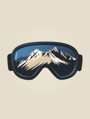 Poster - A pair of minimalist ski goggles showcases a reflection of majestic snow-covered mountains, perfect for winter outdoor activities. Generative AI