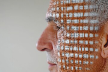 Sticker - Mental circuits Hippocampus Elderly man with a grid pattern on his face representing the structured nature of thoughts memory and the intellectual challenges of aging in a modern design