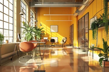 Poster - Modern workspace with vibrant orange walls and abundant greenery in a sunny urban office setting during the day. Generative AI