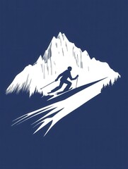 Poster - A skier silhouette glides down a snowy slope, showcasing a minimalist design against a backdrop of majestic mountains and forests. Generative AI