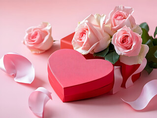 Heart-shaped gift box accompanied by fresh pink roses on soft pink background