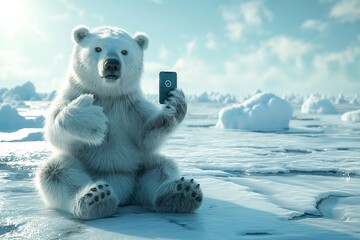 a playful polar bear enjoys a moment on the icy ground, holding a smartphone and appearing to take a