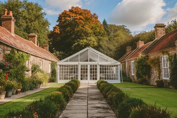 A white wedding tent sits in a lush garden setting, surrounded by manicured greenery and stone buildings.