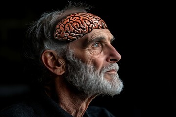 Sticker - Cerebral circuits Amygdala Elderly man with a brain illustration representing the intellectual journey memory and cognitive resilience in later life in a dark thoughtful setting