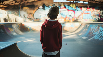 young skater in retro style indoor skate park preparing for practice