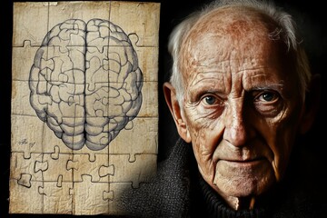 Wall Mural - Cognitive neural system Amygdala Elderly man with a blueprint of a brain on a wall symbolizing structured nature of thought intellect and cognitive processes in a reflective architectural design