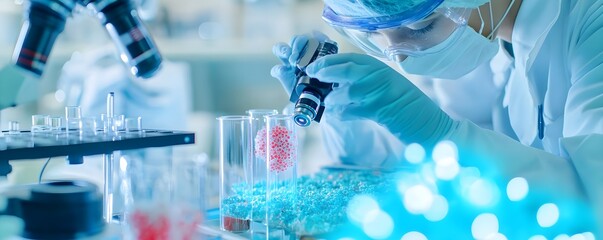 scientist examining samples in lab with microscope