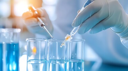 Wall Mural - Scientist Hand Pouring Liquid in Test Tube Laboratory