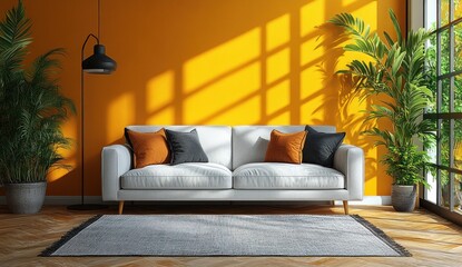 Canvas Print - Modern Living Room with Yellow Wall and White Sofa