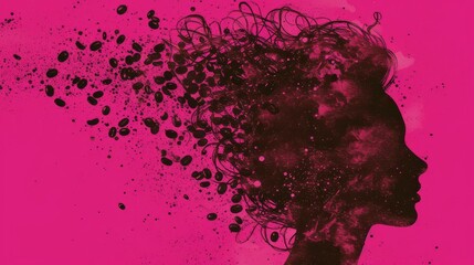 Aufkleber - Unique silhouette of a woman with hair made of coffee beans and liquid splashes, set against a bold pink background. Great for abstract, creative, and coffee-themed projects.