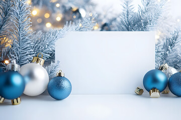 Poster - blue and white empty background with a chrismas decorations. copy space for text. good for banners