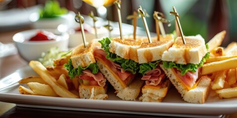 Poster - Close-up of small sandwiches accompanied by fries and ketchup on a plate.