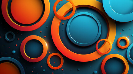 Poster - A dynamic arrangement of circular shapes in orange, blue, and teal colors is layered on a dark background, creating an artistic and modern visual effect that captures attention.