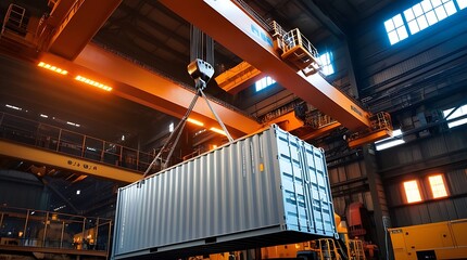 industrial crane lifting a large metal container in factory setting, with glowing orange lights and machinery visible in the background created with generative ai.