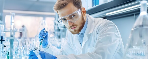 Poster - Scientist Working in Laboratory with Pipette and Test Tubes