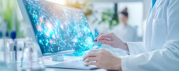 Wall Mural - Scientist Working on Computer with Blue Data Visualization