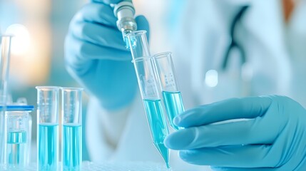 Poster - Scientist Working with Blue Liquid in Test Tubes