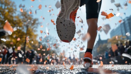 A vibrant marathon scene where a runner's foot strikes the ground, surrounded by colorful confetti, exemplifying joy and energy in a competitive atmosphere on a sunny day.