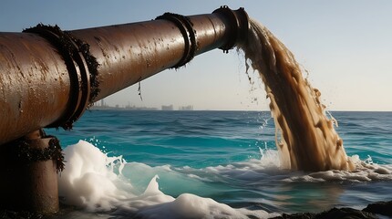 dirty water gushes out of a rusty, old pipe polluted and pristine waters falling into ocean water created with generative ai