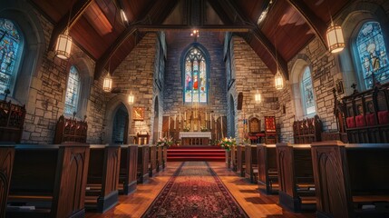 A serene interior of a church featuring stained glass windows and wooden pews, designed for worship.